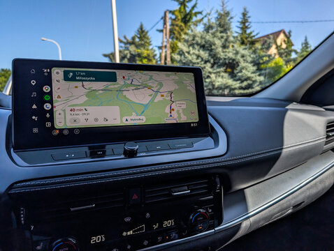 Wroclaw, Poland, 25.06.2026: Google Maps Navigation Display On Nissan Infotainment Touchscreen Inside Modern Car