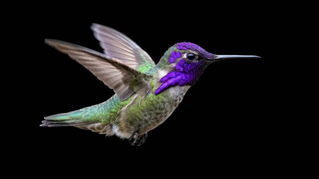 costa's hummingbird isolated on black background close up video