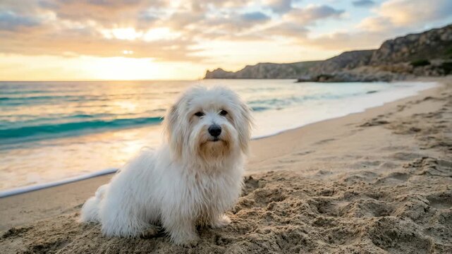 coton de tulear dog on reunion island beach golden light close up video