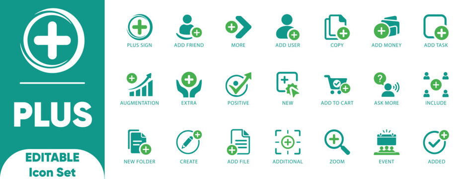 Plus sign icon set. create, signs, zoom, extra, plus, positive, quantity, additional, collection, copy, and solid icons.