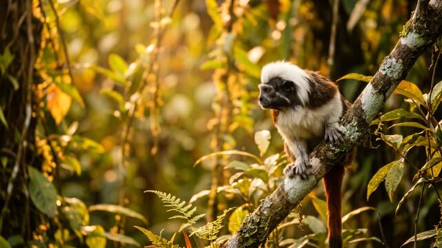 cotton top tamarin monkey in amazon rainforest golden light close up video