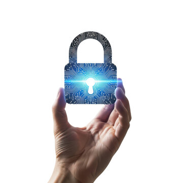 Hand holding glowing digital security padlock symbol for data protection