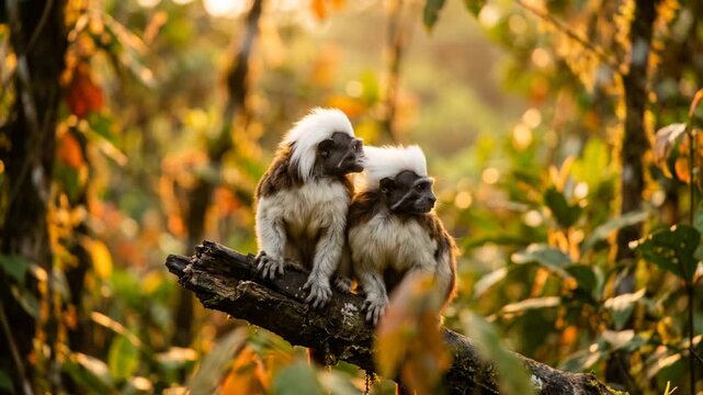 two cotton top tamarin monkeys in amazon rainforest golden light close up video