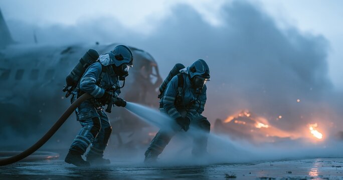Firefighters in hazmat suits spraying extinguishing foam at fire scene
