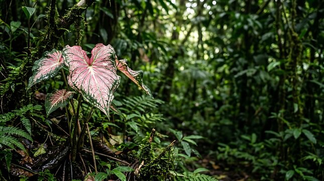 Pink and green caladium plant in a lush tropical rainforest