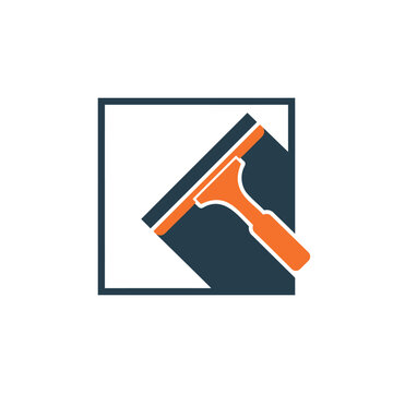 Orange and dark gray squeegee tool icon for window cleaning service logo design representing professional glass care hygiene maintenance and housekeeping equipment for residential and commercial Vecto