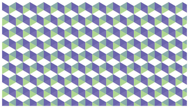 Geometric seamless pattern with cubic shapes in purple and green tones on a white background, 3D effect.