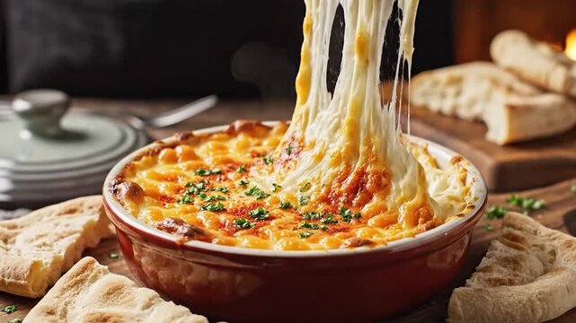 A hand dips fresh pita bread into hot melted cheese dip