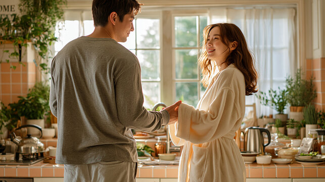 Morning Embrace: A loving couple shares a tender moment in a sun-drenched kitchen, holding hands and gazing into each other's eyes, embodying warmth and domestic bliss.
