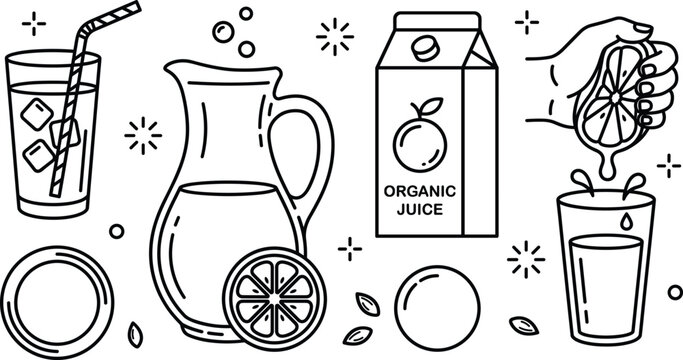 Fresh Squeezed Citrus Orange Juice Line Icon Set with Pitcher Carton and Glass Vectors