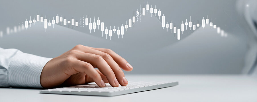 An investor's hand hovers over a keyboard while analyzing real-time data on healthcare and biotech stocks, with a digital graph in the background indicating market trends. The image is framed to allow