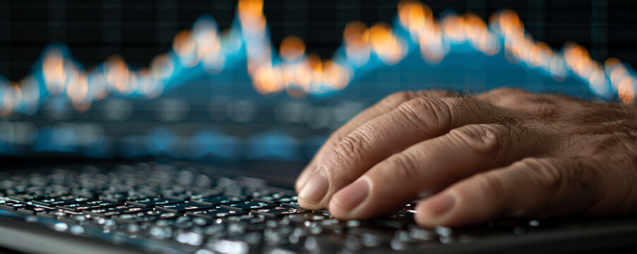 An investor's hand hovers over a keyboard while analyzing real-time data on healthcare and biotech stocks, with a digital graph in the background indicating market trends. The image is framed to allow