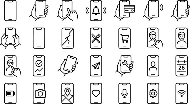 Mobile Smartphone Apps and Touchscreen Hand Gestures Outline Icon Set with Online Shopping Payment Navigation and Technology Vector Line Symbols