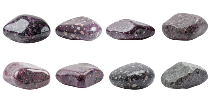 Polished purple and grey lepidolite stones arranged in a row on an isolated background