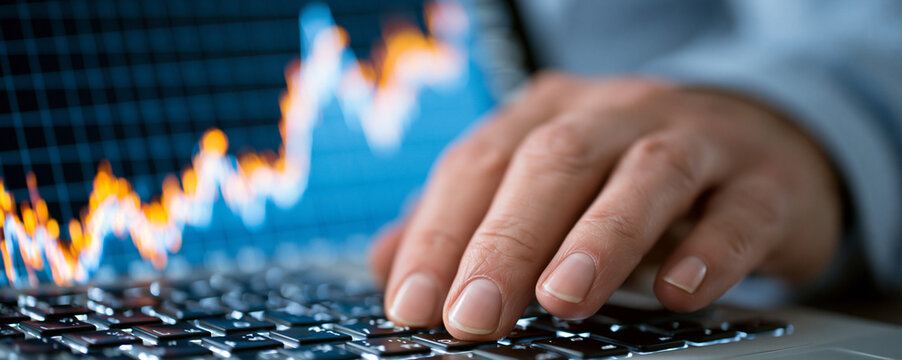 An investor's hand hovers over a keyboard while analyzing real-time data on healthcare and biotech stocks, with a digital graph in the background indicating market trends. The image is framed to allow