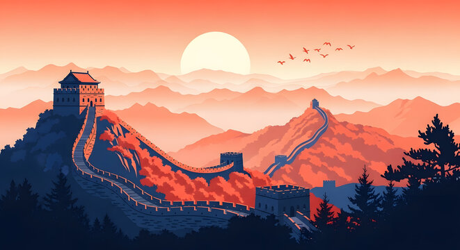 Silhouetted Roller Coaster Against Sunset Mountain Landscape with Full Moon and Flying Birds