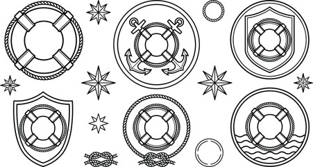 Nautical Marine Lifebuoy Ring and Anchor Shield Badge Line Art Icon Vector Set © PJ DeSign