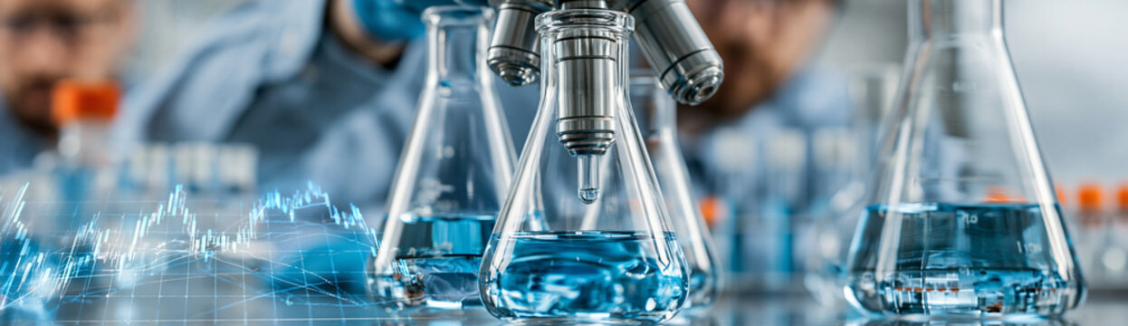 Magazine cover photo highlighting the potential of investing in the biotech industry, with a detailed shot of lab work, pharmaceutical production, and a financial graph overlay