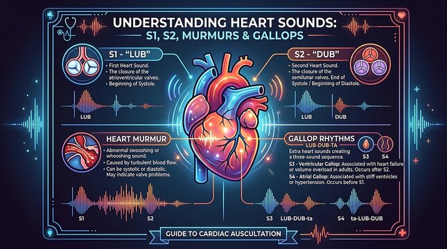 Medical infographic explaining heart sounds and cardiac rhythms