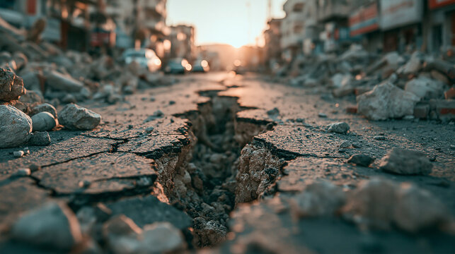 Earthquake Devastation: The aftermath of a catastrophic earthquake is evident on a cracked and crumbling street, with debris scattered and buildings damaged.