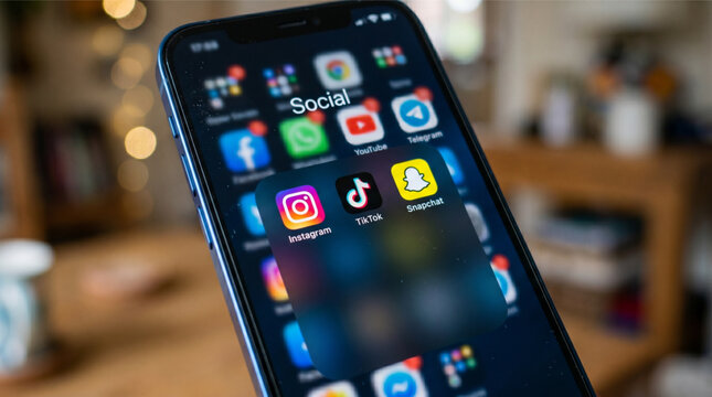 Close-up of a blue iPhone smartphone screen displaying various social media application icons including Instagram, TikTok, Snapchat, Facebook, YouTube, and Telegram in a social folder app interface.
