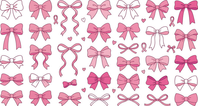 Pink ribbon bow vector illustration set with cute coquette style knots hearts and outlines isolated on white background