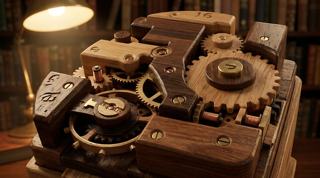 Wooden clockwork mechanism with gears and cogs on a table