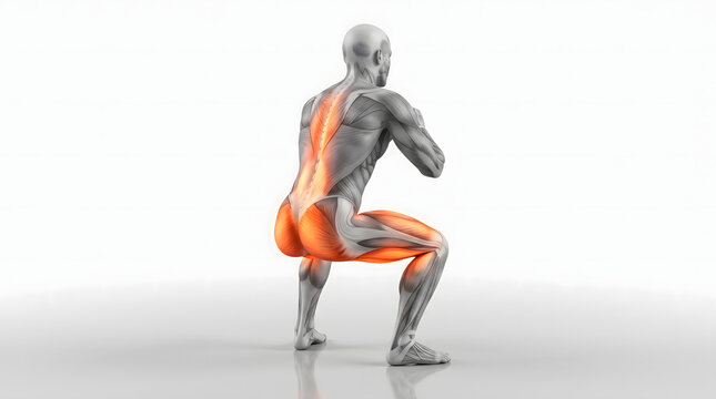 3D anatomical illustration of a male figure performing a squat exercise, highlighting active muscles in the back, glutes, and thighs