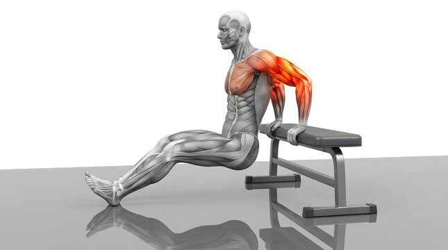 Anatomical 3D illustration of a male figure performing bench dips exercise, highlighting the triceps, chest, and shoulder muscles in red.