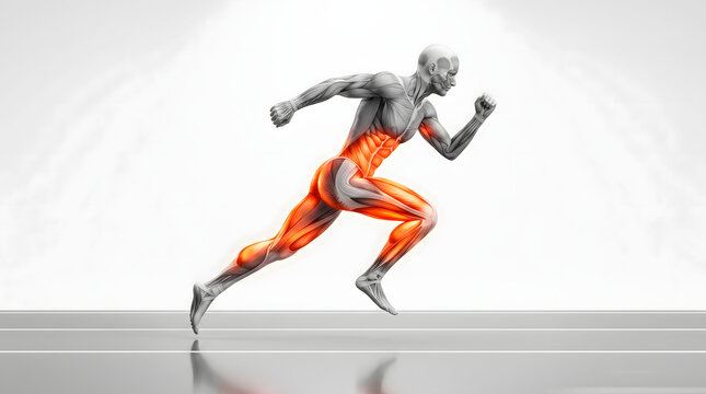 3D illustration of a running male figure showing the active muscle groups highlighted in orange during a sprint on a track