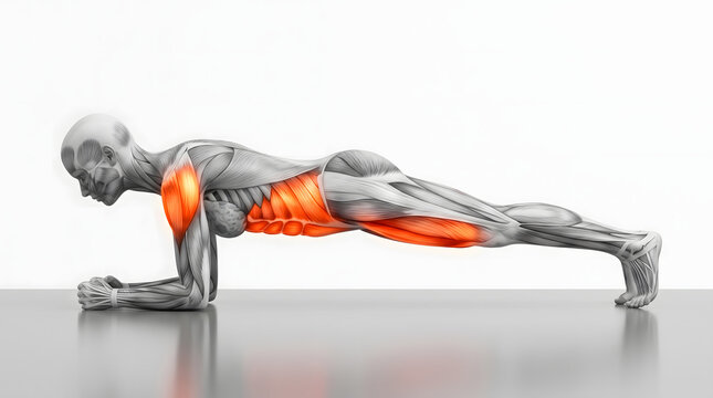 Anatomical 3D illustration of a human figure performing a forearm plank exercise, highlighting active muscles like core, abs, and shoulders.
