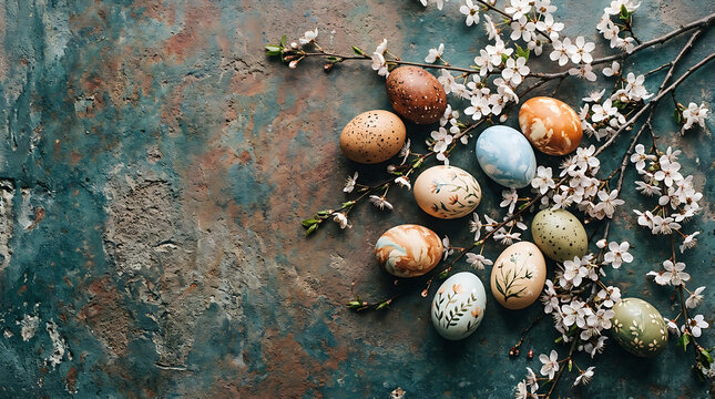 Easter eggs with floral designs on a rustic background