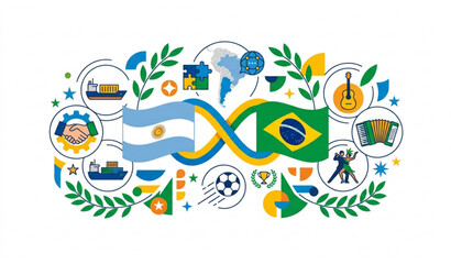 Naklejka premium Argentina Brazil International Partnership Banner with National Flags and South American Cooperation Vector Design