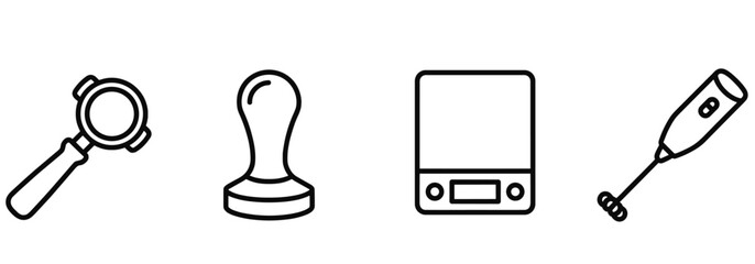 Minimalist line icons of professional barista tools, including an espresso portafilter, a heavy coffee tamper, a digital brewing scale, and a handheld milk frother. © helgyr