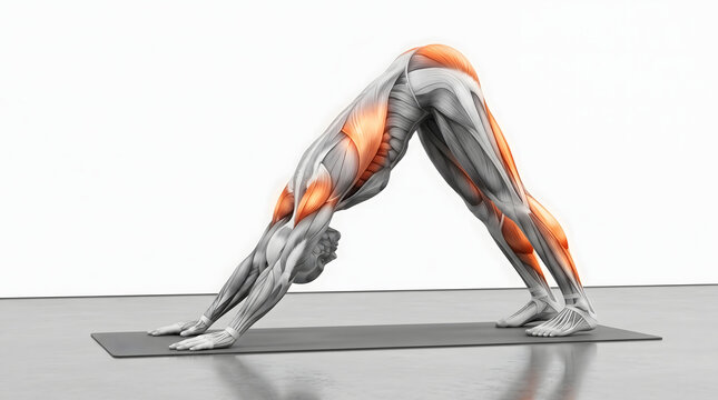 Anatomical 3D illustration of a human figure in downward-facing dog yoga pose, highlighting active muscle groups in orange on a mat.