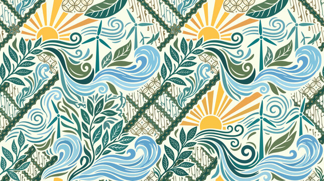 Seamless batik pattern featuring renewable energy elements like wind turbines, sun rays, flowing water waves, and green foliage for eco-friendly concept