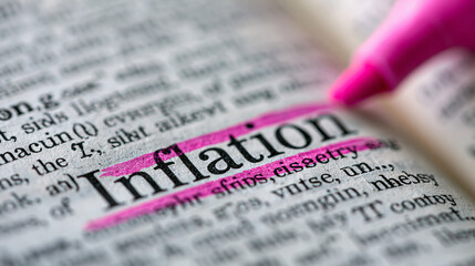Fototapeta premium Inflation Defined: A dictionary page highlights the word Inflation with a pink highlighter, emphasizing its definition and context.
