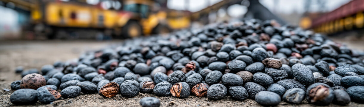 Pile of Iron Ore Pellets: A close-up, low-angle shot reveals a large pile of dark, raw iron ore pellets resting on a coarse surface, with blurry industrial machinery in the background.