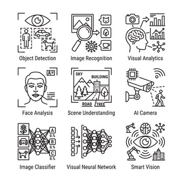 Illustrations of various artificial intelligence visual technology concepts and applications