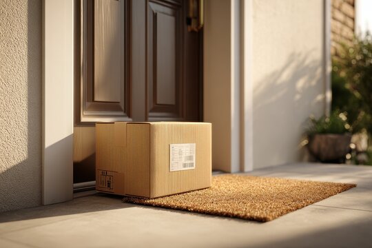 Home delivery concept: parcel left on doorstep beside a modern front door