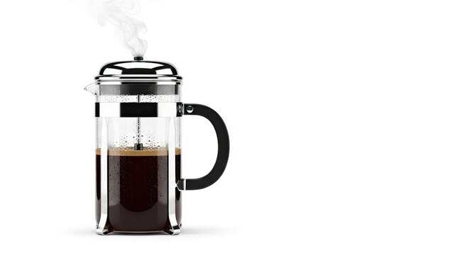 Hot Coffee French Press steaming on white background