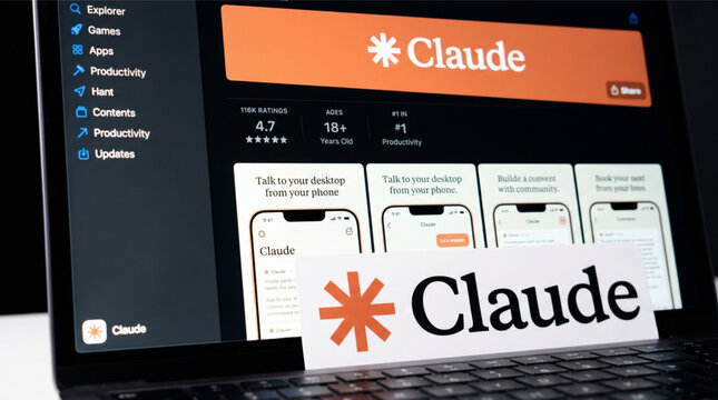 Claude AI productivity app by Anthropic on a laptop screen featuring the Apple App Store interface and screenshots with a printed Claude logo sign on the keyboard in a technology mockup setting.