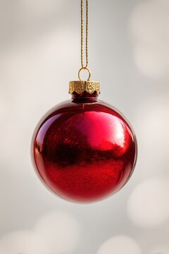Isolated red glass bauble with a slim hook, minimal white backdrop and soft studio lighting