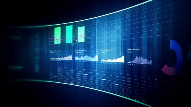 Global financial data visualization, stock market analytics, world map with rising growth chart, big data technology, digital economy, fintech trading interface, futuristic business background