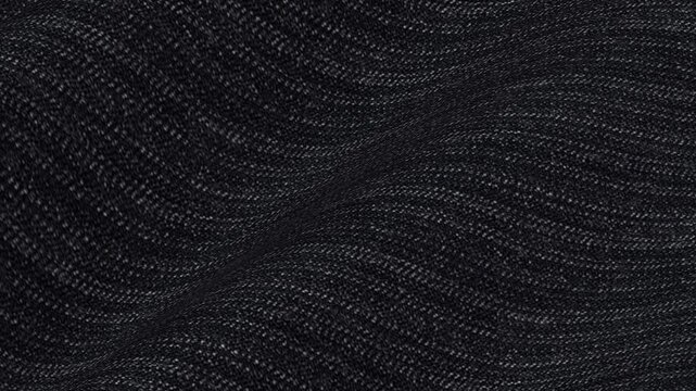 Italian Midnight Black Herringbone Wool Fabric rolling in deep dark waves of traditional zigzag weave and premium heavy suiting material texture