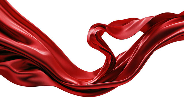 Red satin fabric waves flowing on transparent background