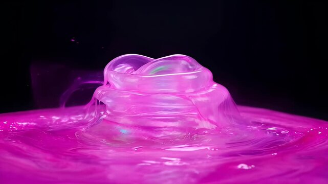 Abstract pink smoke colours glass liquid swirl black background with glossy spiral, pink liquid pile dark background with soft studio light, and pink liquid splash glossy fluid isolated black