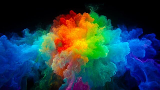 Abstract smoke colours rainbow cloud burst on black background vibrant color, colorful smoke abstract art vibrant plume digital texture, rainbow cloud explosion in vivid dark space