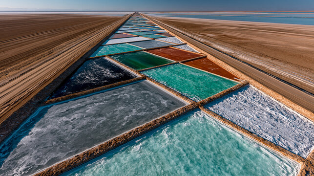 Colorful Salt Pans: A vast aerial view of salt evaporation ponds, creating a stunning mosaic of vibrant colors due to mineral deposits and algae.