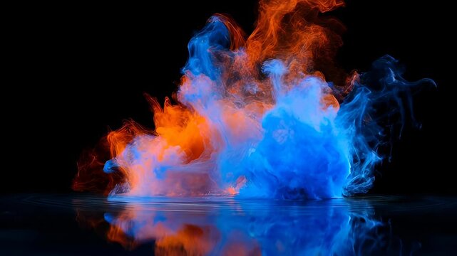 Abstract smoke colours blue orange cloud fog vapor reflection on black background with vivid motion and abstract smoke orange blue colours in reflective colour cloud form